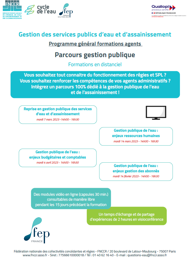 Flyer sur les prochaines formations de la FNCCR en distanciel sur le parcours gestion publique